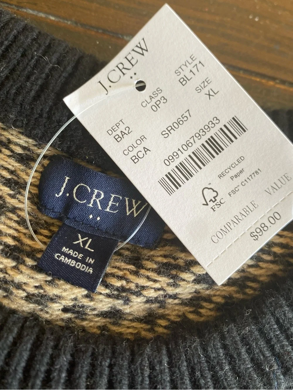 J.Crew Lambs Wool Houndstooth Pullover Sweater Black Beige Men’s XL